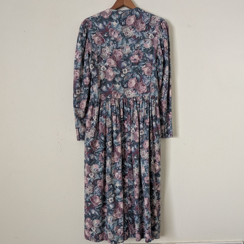 Vintage 80s Laura Ashley Floral Print Long-Sleeve Dress, Cotton/Wool Blend - Picture 7 of 12